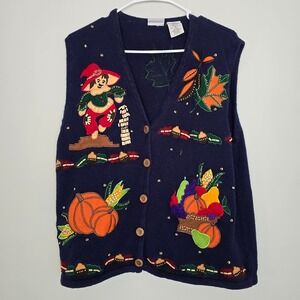 Bobby Brooks Womens Harvest Applique Sweater Vest XL Cottagecore Fall
